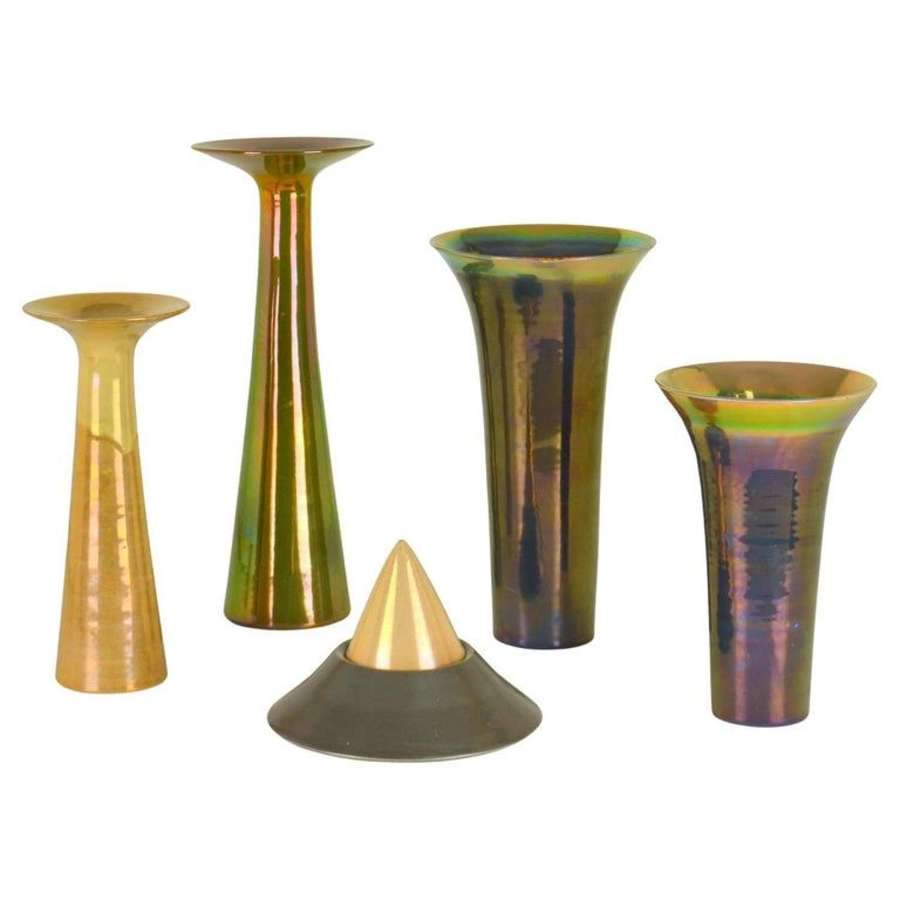 Group of Tall Studio Vases and Bowl with Iridescent Glaze by Mobach