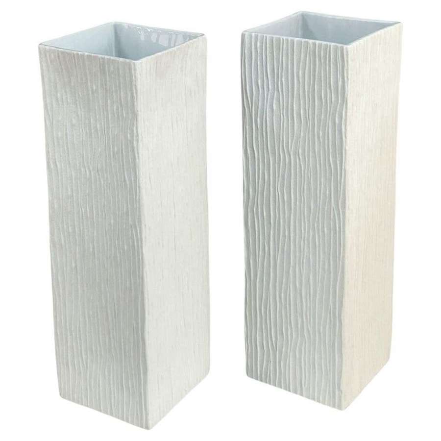 Pair of Large White Square Relief Vases by Hutschenreuther