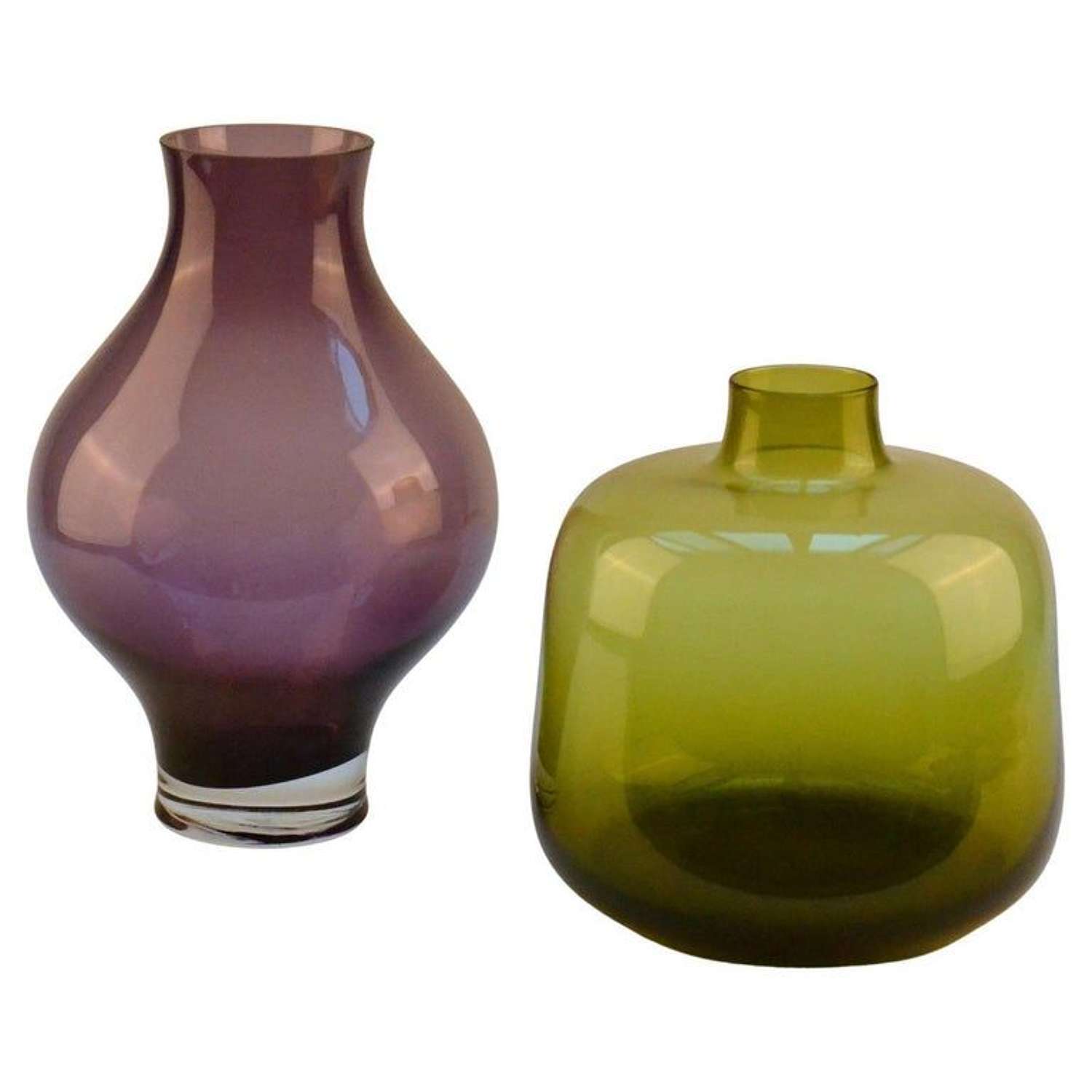 Purple and Olive Green Hand Blown Vases by Leerdam 1960's