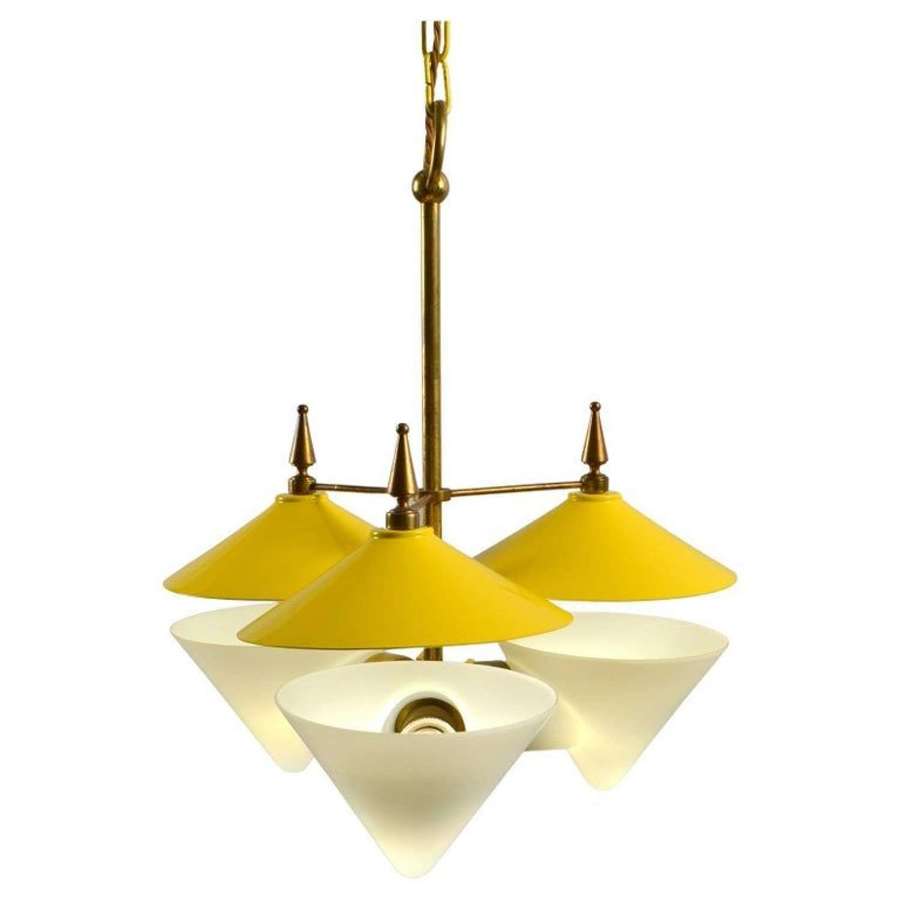 Three Arm Chandelier Yellow Metal, Opaline Glass Cones and Brass, 1950