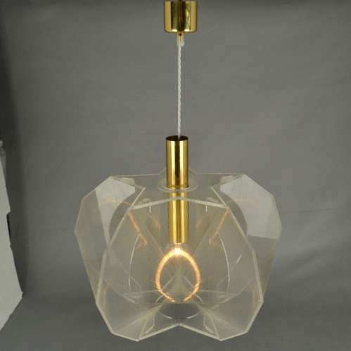 Mid Century Modern Pendant Lamp in Clear Lucite, Wire and Brass Star