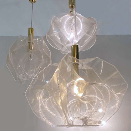 Mid Century Modern Pendant Lamp in Clear Lucite, Wire and Brass Star