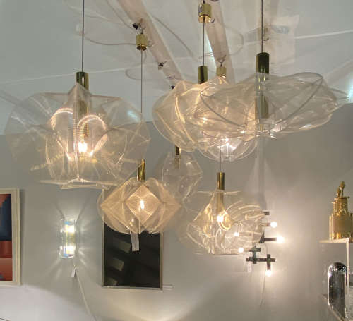 Mid Century Modern Pendant Lamp in Clear Lucite, Wire and Brass Star