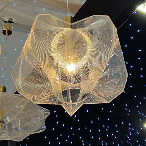 Mid Century Modern Pendant Lamp in Clear Lucite, Wire and Brass Star