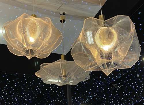 Mid Century Modern Pendant Lamp in Clear Lucite, Wire and Brass Star