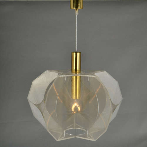 Mid Century Modern Pendant Lamp in Clear Lucite, Wire and Brass Star