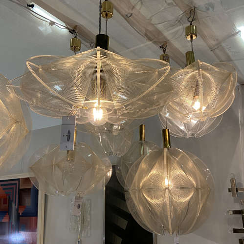 Mid Century Modern Pendant Lamp in Lucite, Wire and Brass