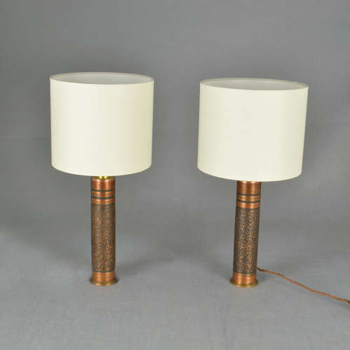 Pair of Small Copper Cylinder Table Lamps
