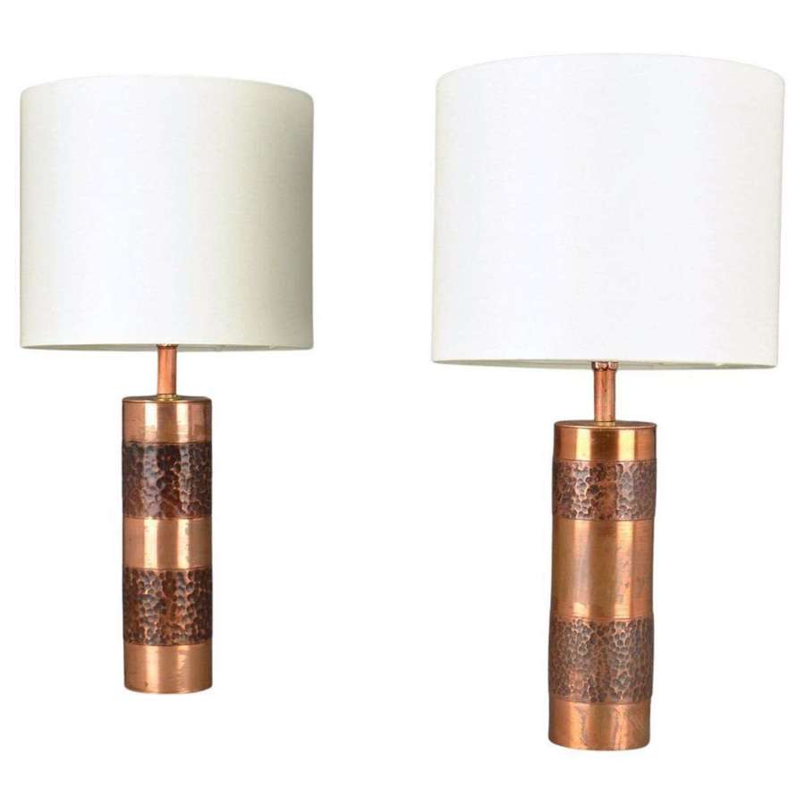 Pair of Hand Beaten Copper Cylinder Table Lamps