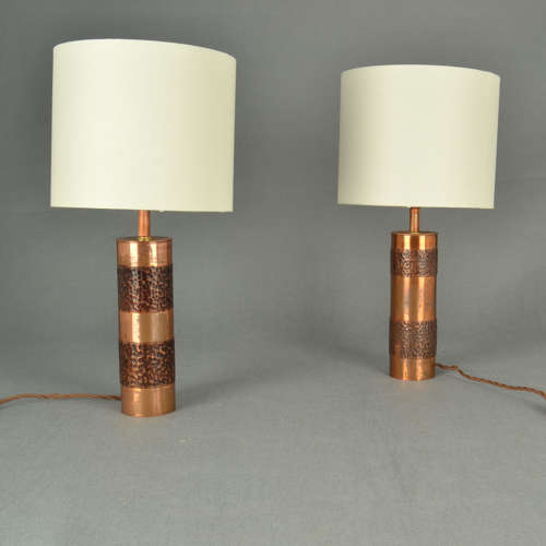 Pair of Hand Beaten Copper Cylinder Table Lamps
