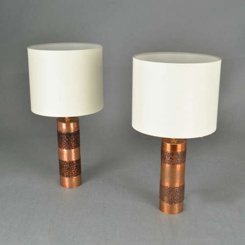 Pair of Hand Beaten Copper Cylinder Table Lamps