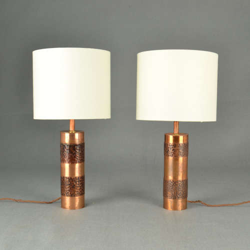 Pair of Hand Beaten Copper Cylinder Table Lamps