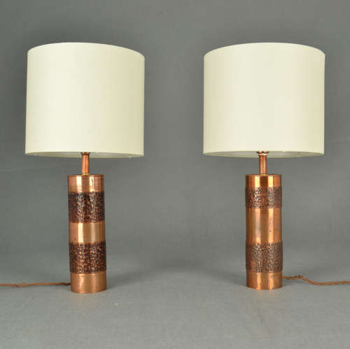 Pair of Hand Beaten Copper Cylinder Table Lamps