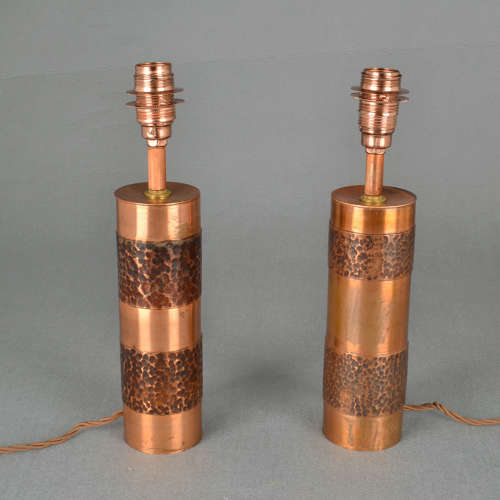 Pair of Hand Beaten Copper Cylinder Table Lamps