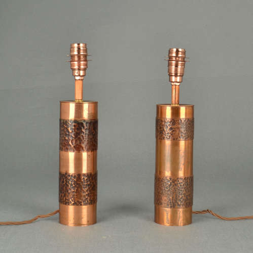 Pair of Hand Beaten Copper Cylinder Table Lamps