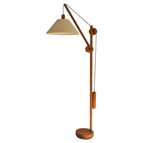 Scandinavian Teak Counter Balance Floor Lamp with Silk Shade