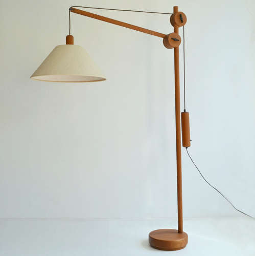Scandinavian Teak Counter Balance Floor Lamp with Silk Shade