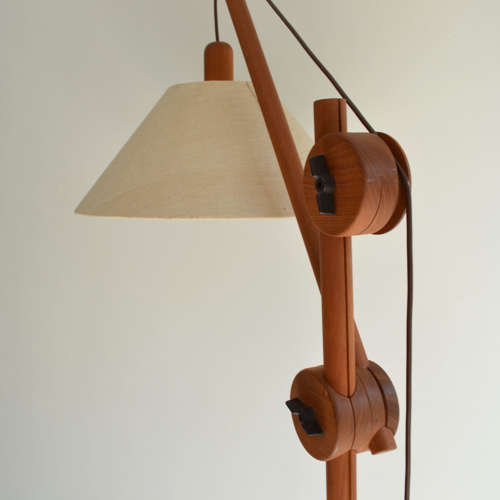 Scandinavian Teak Counter Balance Floor Lamp with Silk Shade