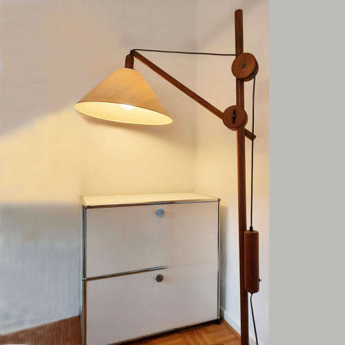 Scandinavian Teak Counter Balance Floor Lamp with Silk Shade