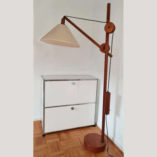 Scandinavian Teak Counter Balance Floor Lamp with Silk Shade