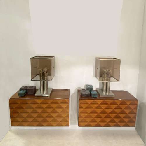 Pair of Minimal Wall Mounted 1960's Sideboards with Diamond Veneer