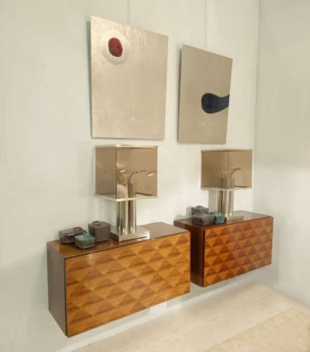 Pair of Minimal Wall Mounted 1960's Sideboards with Diamond Veneer