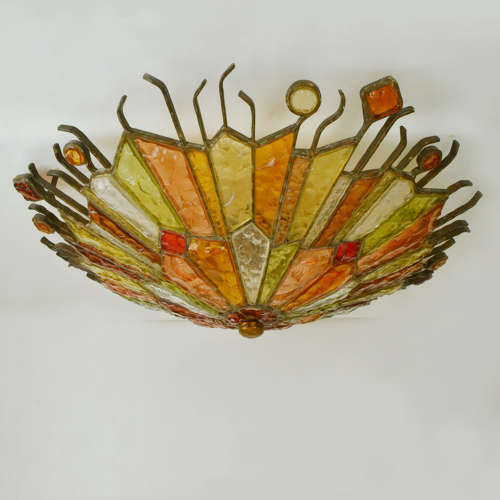 Large Flush Mount Ceiling Lamp by Poliarte Italy in Muti Color Glass