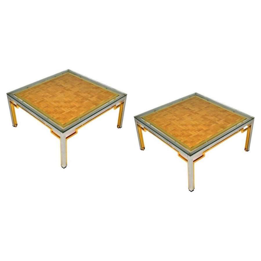 Pair of Italian Coffee Tables Bamboo top, Chrome & Gilded Brass Frame