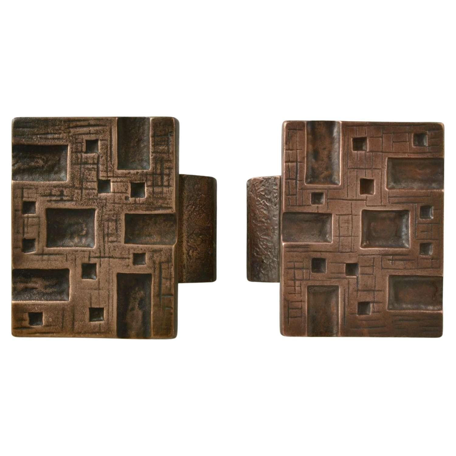 Brutalist Pair of Bronze Rectangular Push Pull Door Handles in Geometr