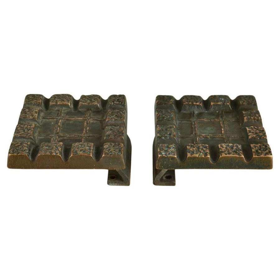 Brutalist Pair of Bronze Square Push Pull Door Handles with Geometric
