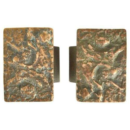 Brutalist Pair of Bronze Door Handles Push & Pull with Abstract Relief
