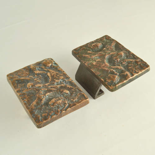 Brutalist Pair of Bronze Door Handles Push & Pull with Abstract Relief