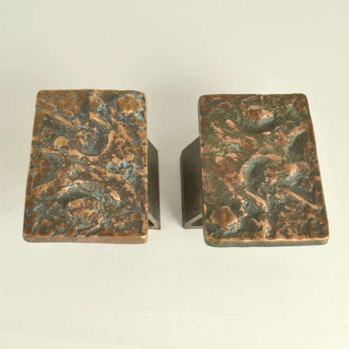 Brutalist Pair of Bronze Door Handles Push & Pull with Abstract Relief