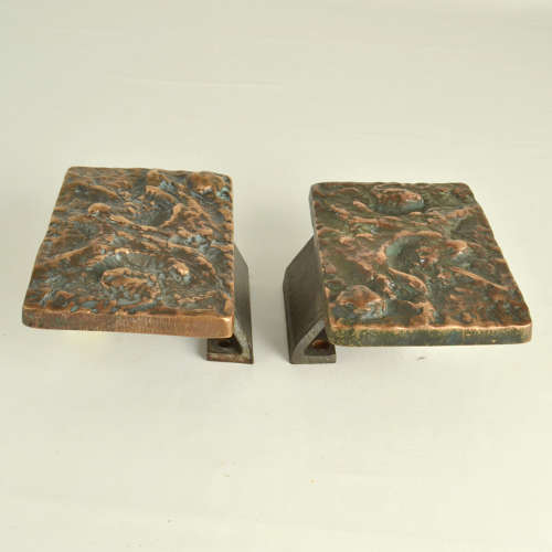 Brutalist Pair of Bronze Door Handles Push & Pull with Abstract Relief