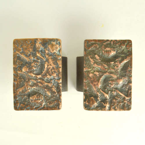 Brutalist Pair of Bronze Door Handles Push & Pull with Abstract Relief