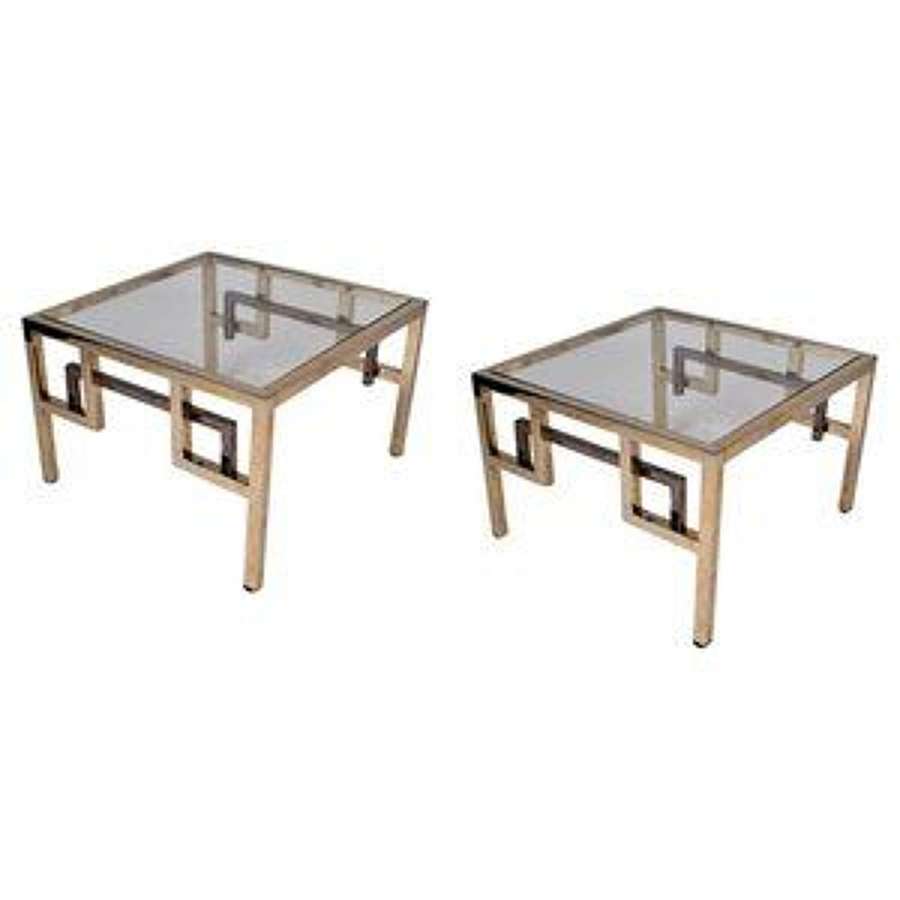 Pair Chrome & Brass Belgo Chrome Side Tables Glass Top 1970's
