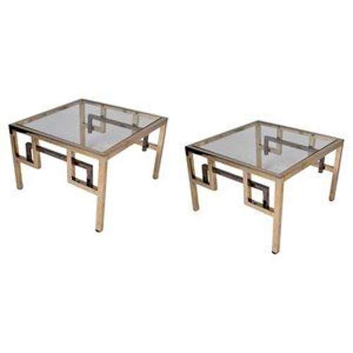 Pair Chrome & Brass Belgo Chrome Side Tables Glass Top 1970's