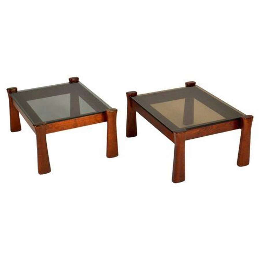 Oak Side Tables with Tinted Glass Top 1970 Italy