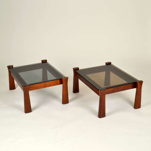 Oak Side Tables with Tinted Glass Top 1970 Italy