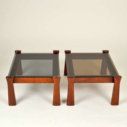 Oak Side Tables with Tinted Glass Top 1970 Italy