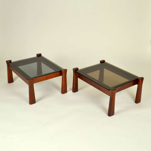 Oak Side Tables with Tinted Glass Top 1970 Italy