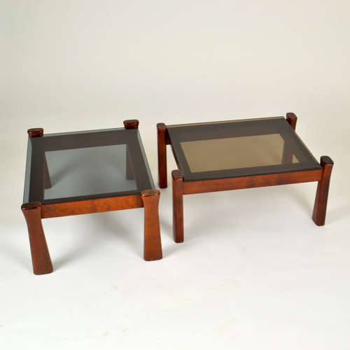 Oak Side Tables with Tinted Glass Top 1970 Italy