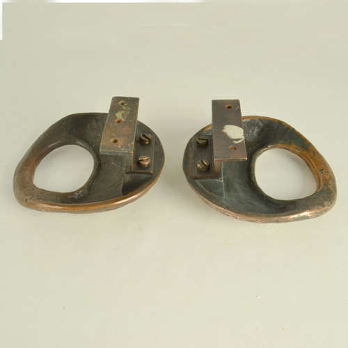 Pair of Round Bronze Relief Door Handles with Oval Grip