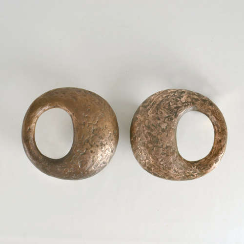 Pair of Round Bronze Relief Door Handles with Oval Grip