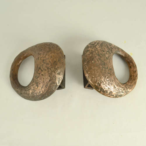 Pair of Round Bronze Relief Door Handles with Oval Grip
