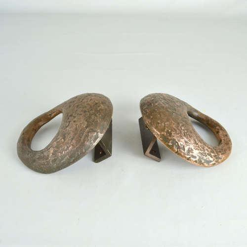 Pair of Round Bronze Relief Door Handles with Oval Grip