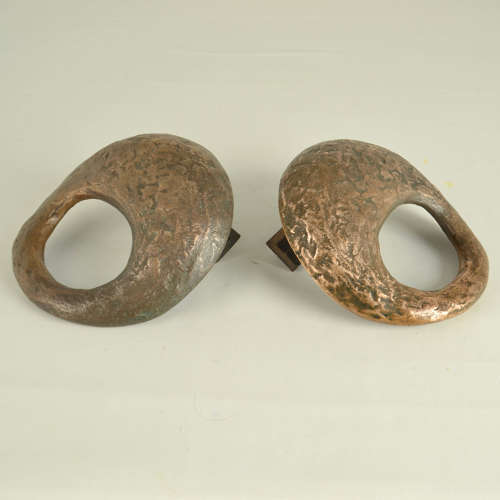 Pair of Round Bronze Relief Door Handles with Oval Grip