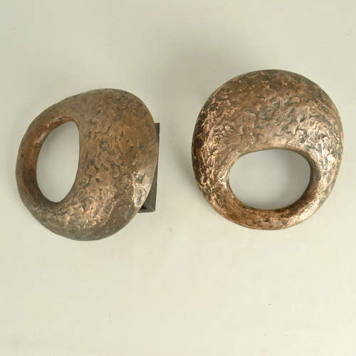 Pair of Round Bronze Relief Door Handles with Oval Grip