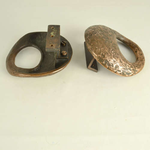 Pair of Round Bronze Relief Door Handles with Oval Grip