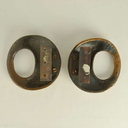 Pair of Round Bronze Relief Door Handles with Oval Grip